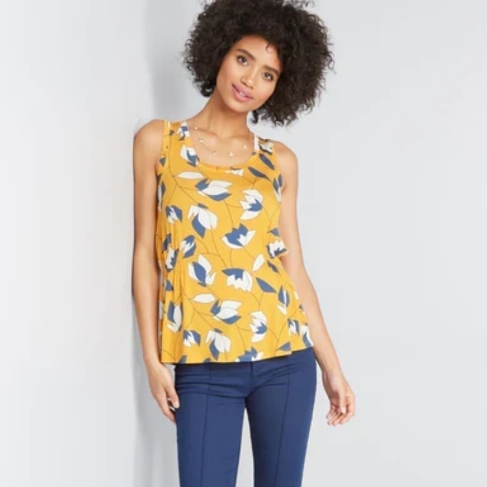 Modcloth Yellow Floral Easily Leisurely Knit Tank Top L